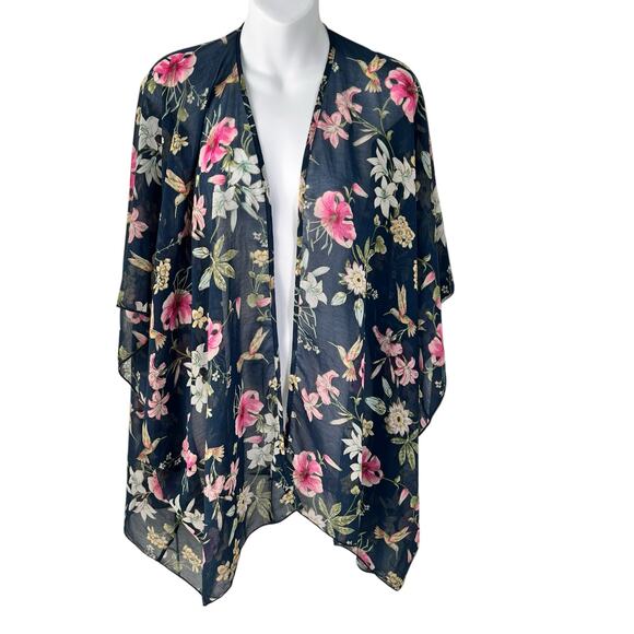 Fotia Sheer Kimono Cardigan Womens‎ L Blue Pink Floral Casual Beach Spring Layer - Picture 1 of 9